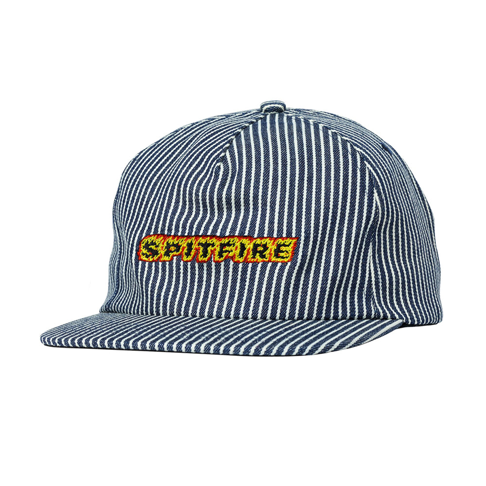 Flames Script Adj. Strapback Hat (Indigo Railroad Stripe)